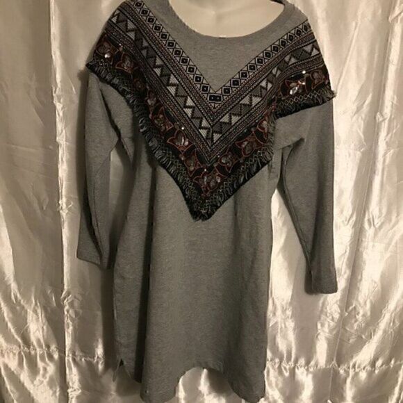 Boston Proper Aztec Tribal Embroider Heather Gray Long Sleeve Sweater Dress S - Picture 3 of 8